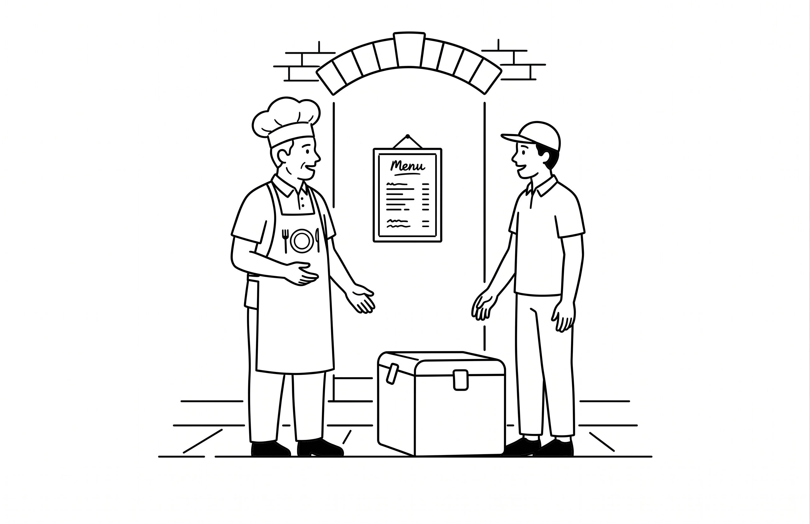 Un chef en tablier discute avec un livreur en casquette, une caisse de livraison posée entre eux, devant une arche de restaurant avec un menu affiché