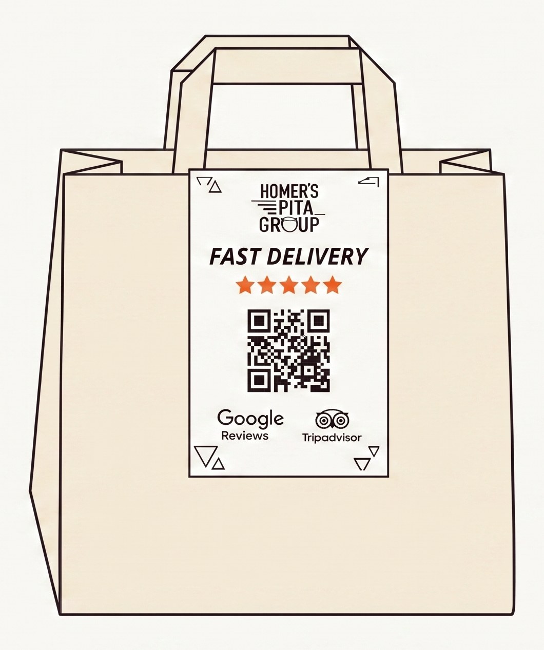 Sac de livraison avec un sticker Capturavis bien visible : QR code, logos Google Reviews et Tripadvisor — c'est ce que les restos collent sur leurs sacs pour récolter les avis